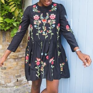 Zara Black Floral Embroidered Babydoll Dress